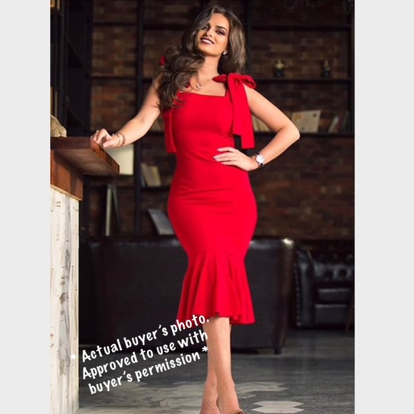 Red Fishtail with Strap Ties Dress Bodycon Midi - Picture 7 of 8